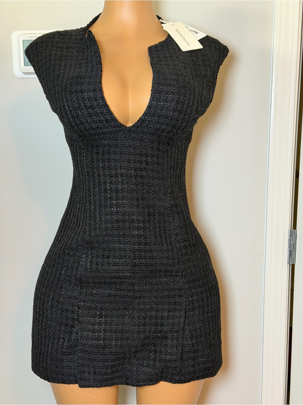 Commense Tweed V-Neck Mini Dress with Cap Sleeves
